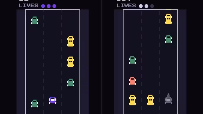Два экрана игры Road Decider с пиксельными машинами Liquid AI