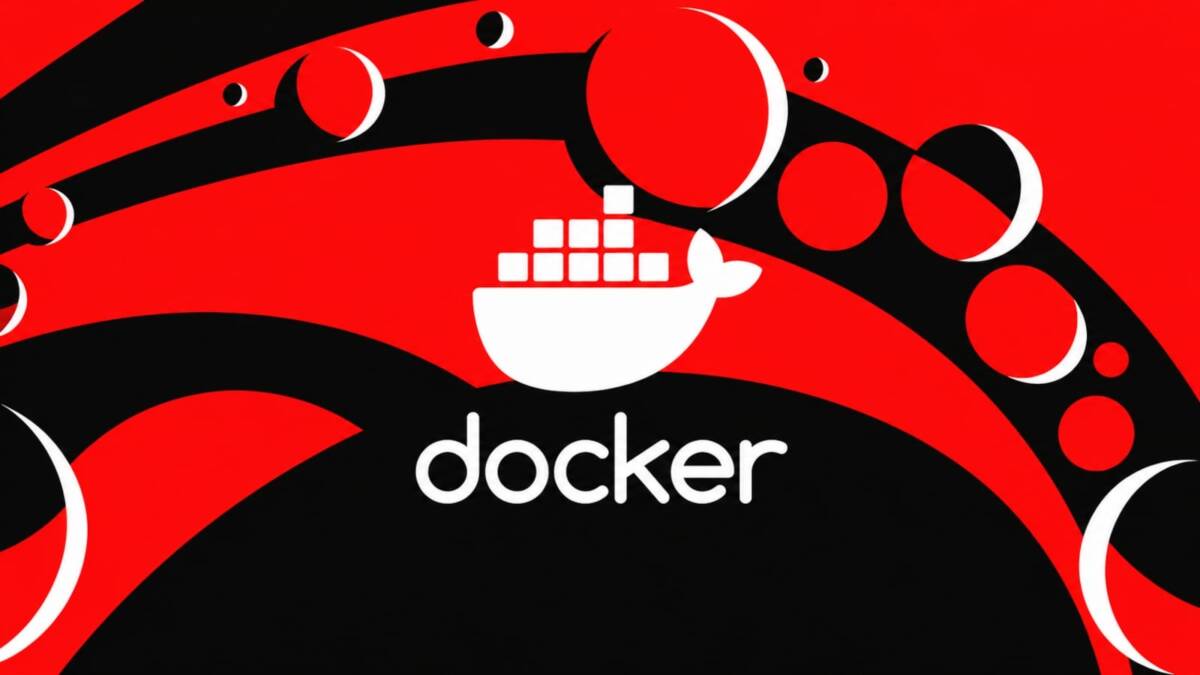 Логотип Docker на футуристическом фоне с красными, черными и белыми элементами