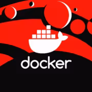 Логотип Docker на футуристическом фоне с красными, черными и белыми элементами