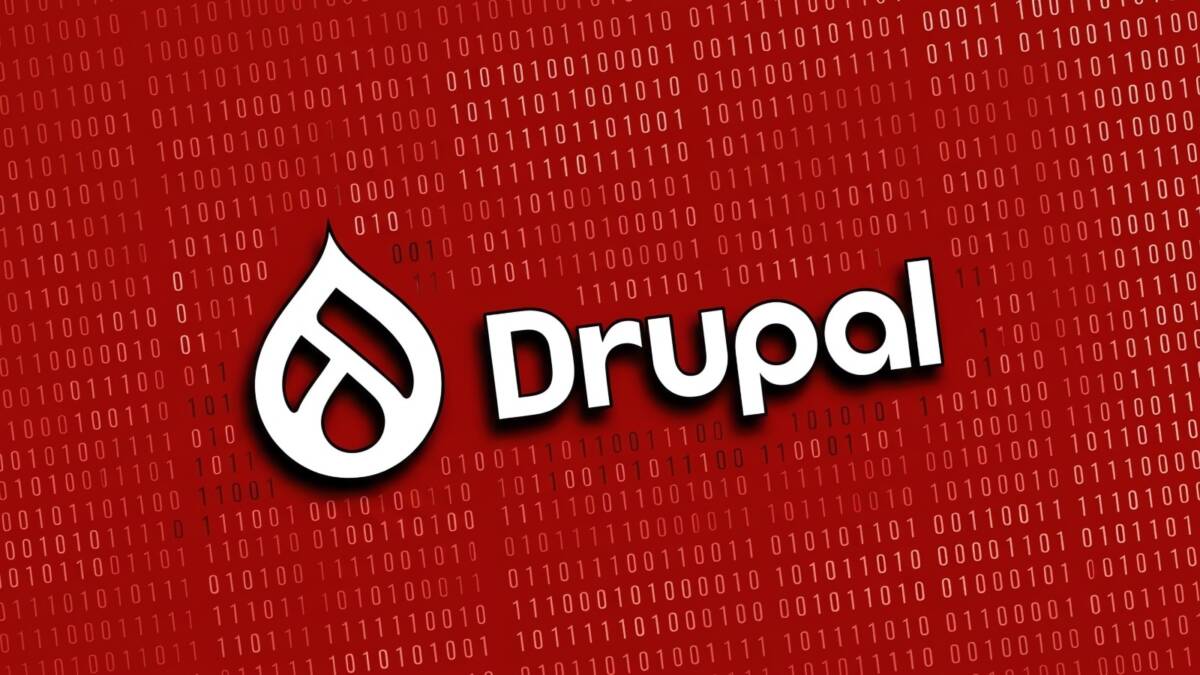 Логотип Drupal на красном фоне с бинарным кодом