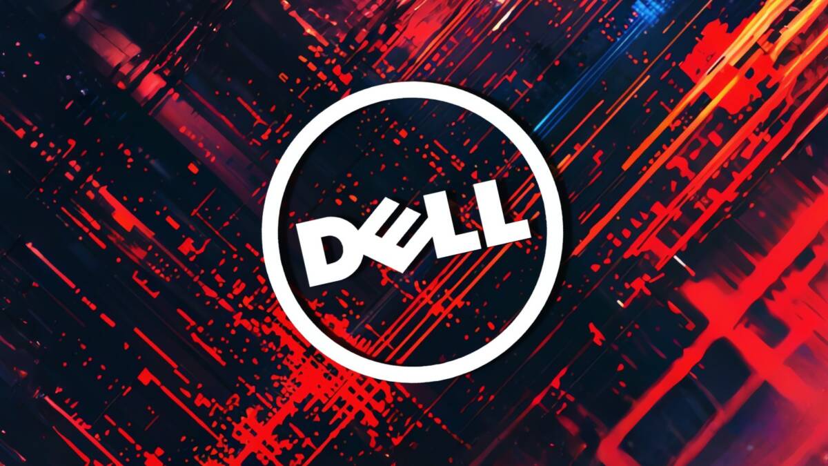 Логотип Dell внутри круга на фоне с красными линиями и узорами