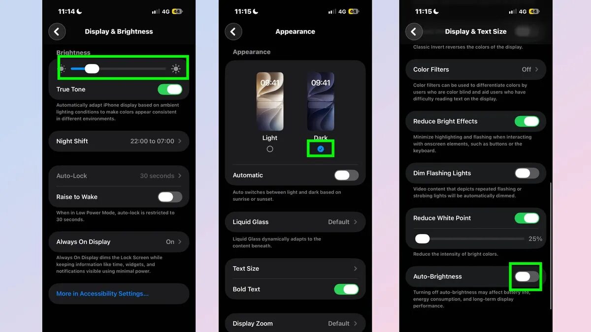 Настройки яркости и режима темной темы iPhone 14