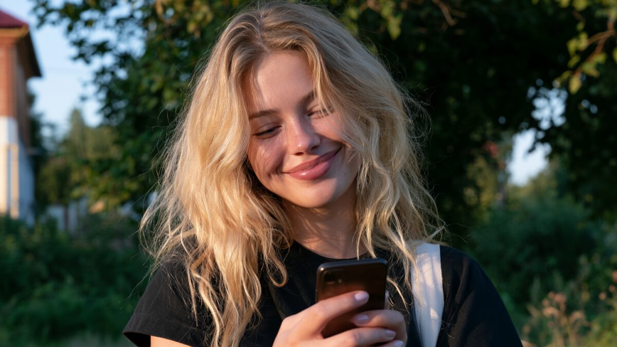 Девушка смотрит на телефон с улыбкой МегаФон 5G режим