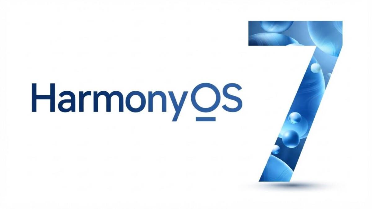 Логотип HarmonyOS с числом 7 и голубыми пузырями