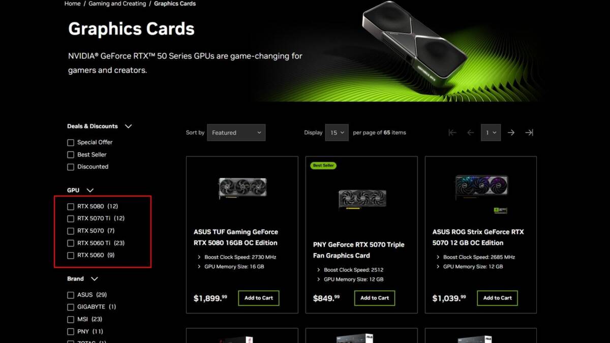 страница сайта с видеокартами GeForce RTX 50 серии Nvidia