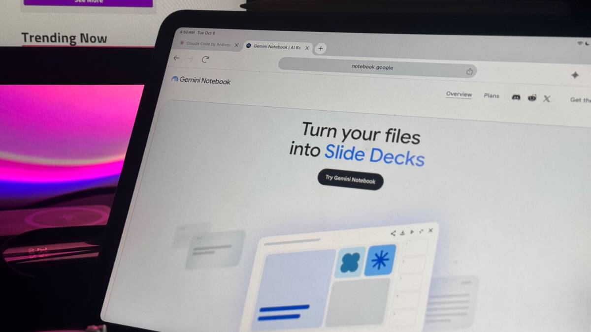 Google позволит менять темы и оформление презентаций в Gemini Notebook 4 Экран ноутбука с вебстраницей Gemini Notebook AI Re