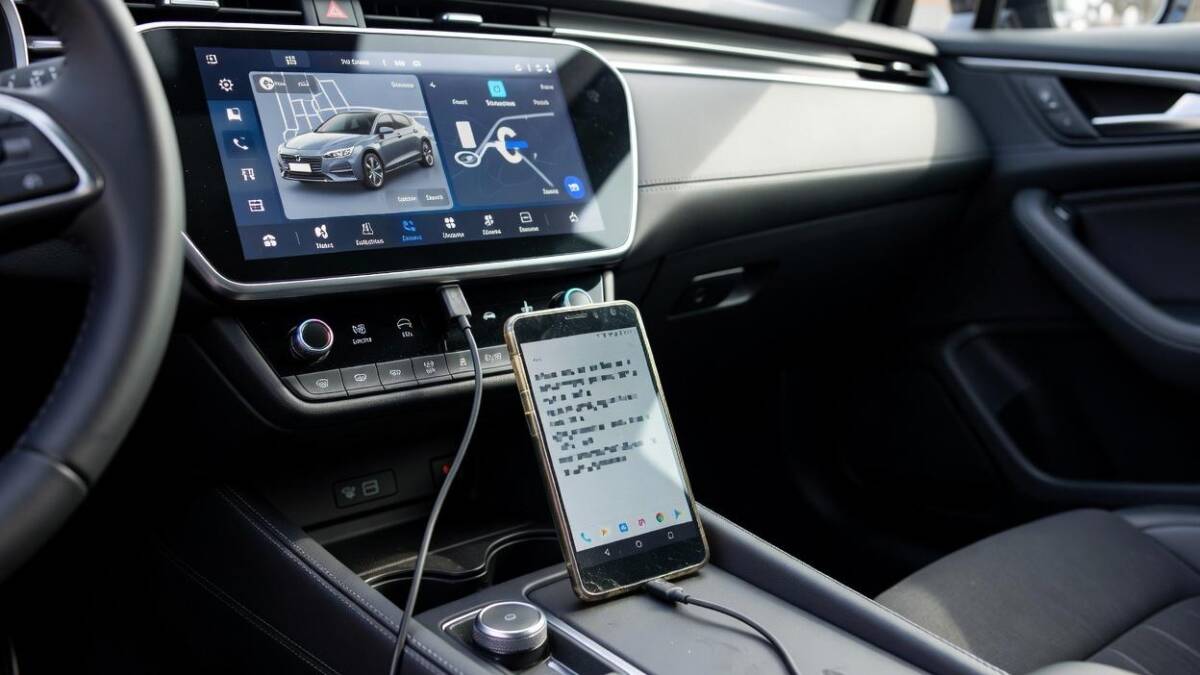 смарт-планшет и смартфон в салоне автомобиля с Android Auto