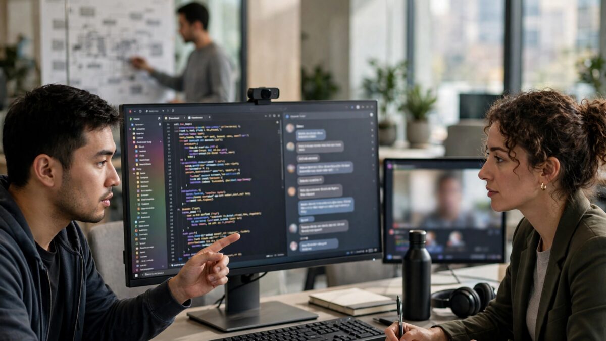 Два программиста обсуждают код с мониторами Gemini