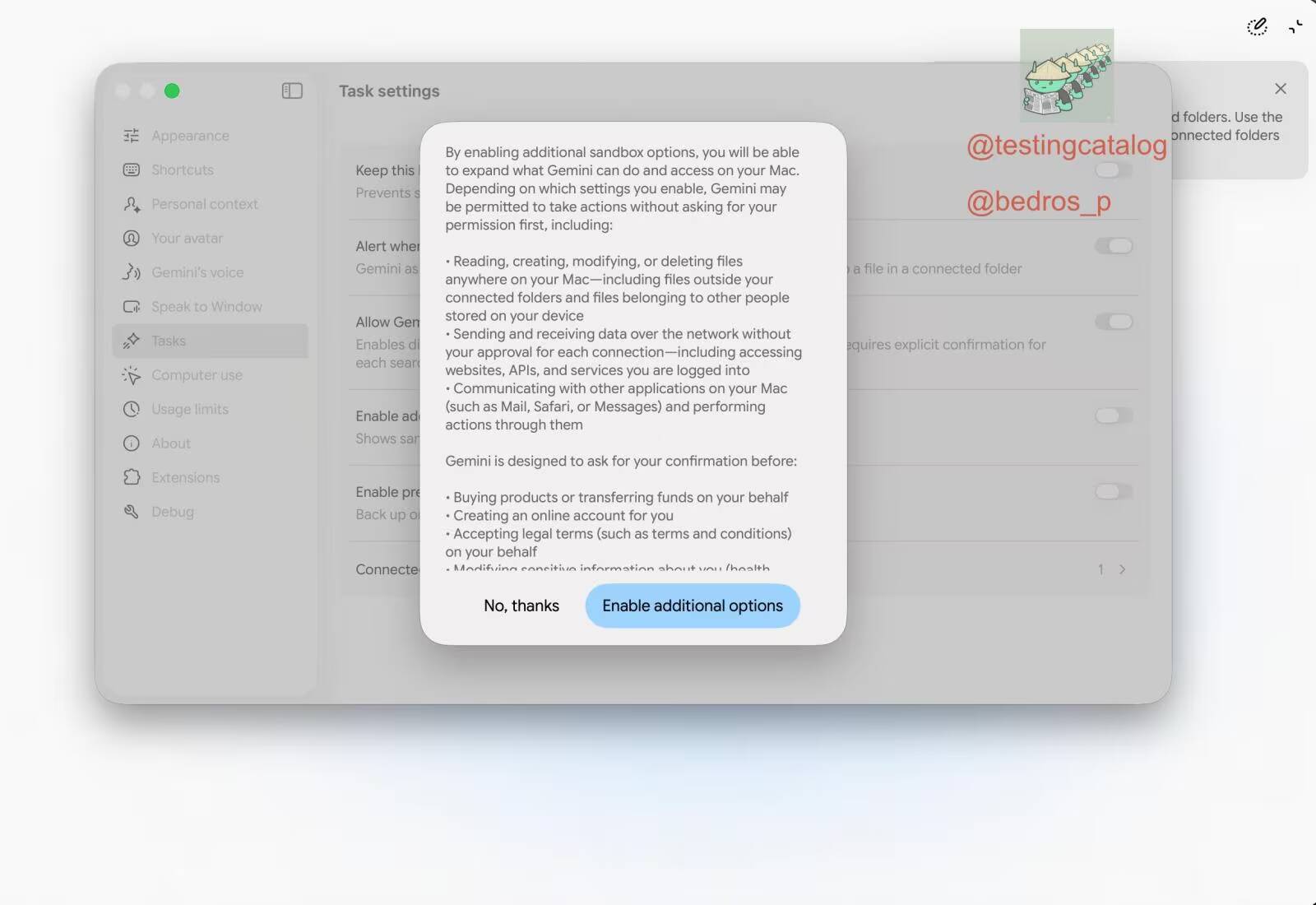 Настройки задач в Gemini на Mac с предложением включить дополнительные опции