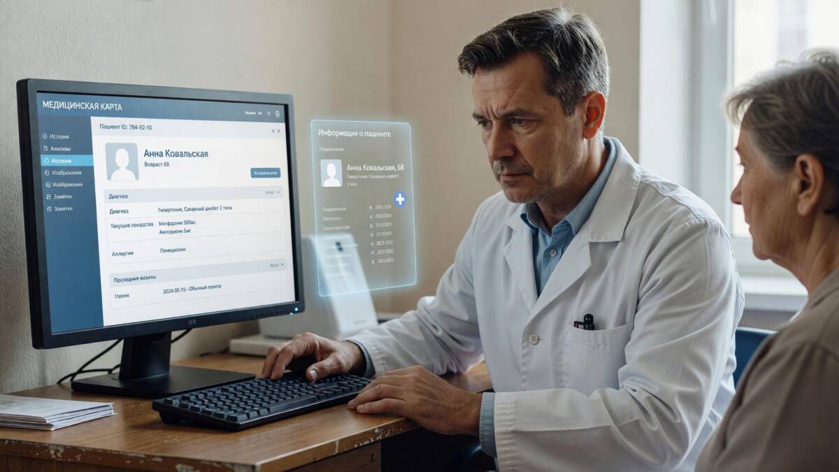 Врач использует компьютер с медицинской картой Сбера