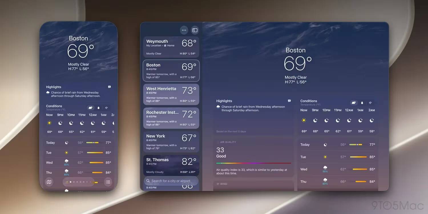 Показаны виджеты погоды на iPad и iPhone macOS 27