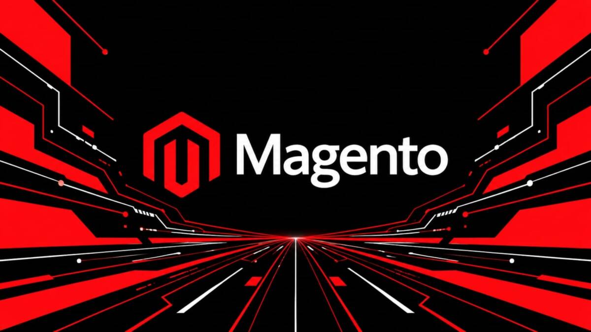 Логотип Magento на фоне красно-чёрного цифрового графика
