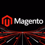 Логотип Magento на фоне красно-чёрного цифрового графика