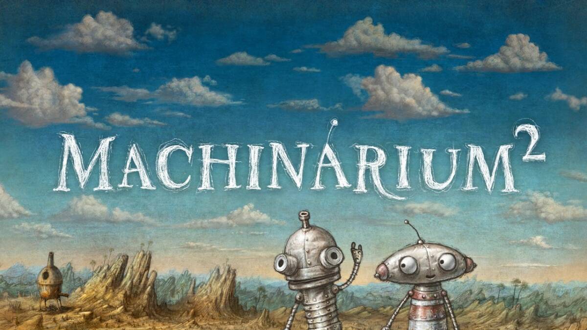Обложка игры Machinarium 2 с двумя роботами перед пейзажем
