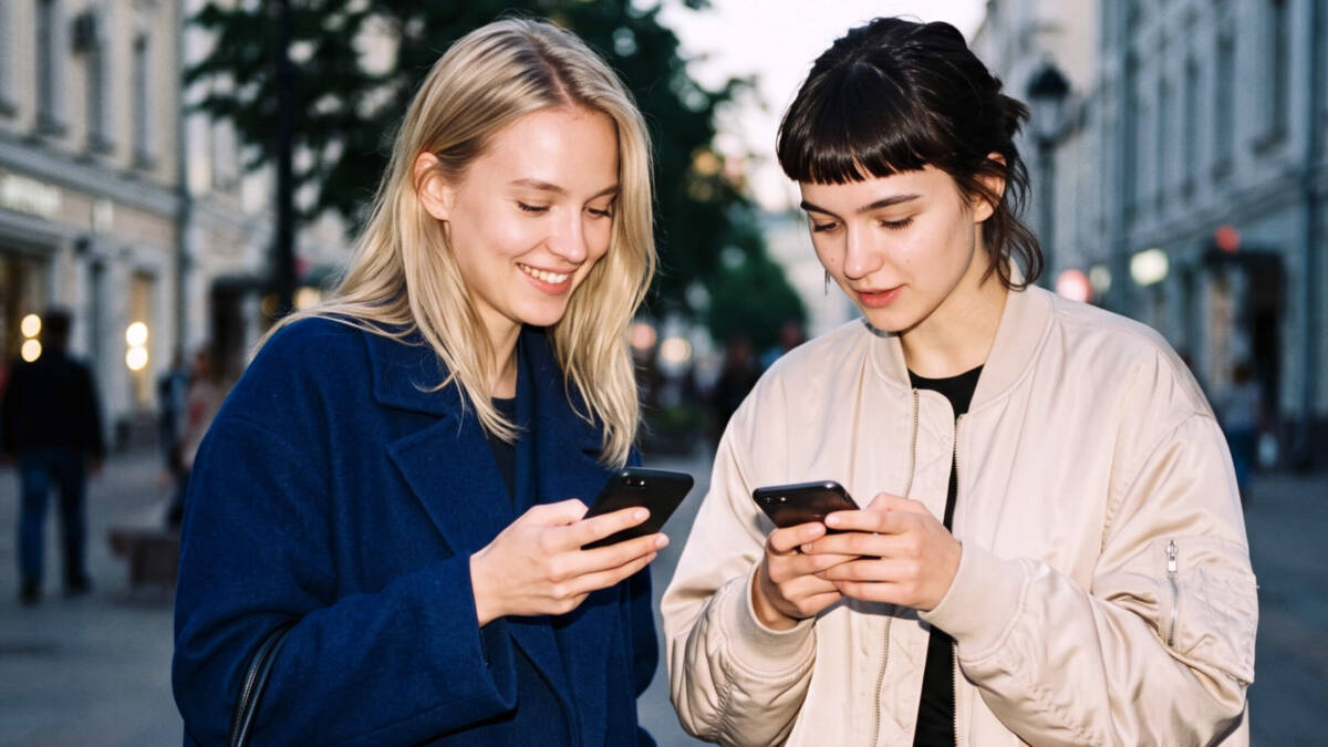 Две молодые девушки смотрят в смартфон медиаскоп