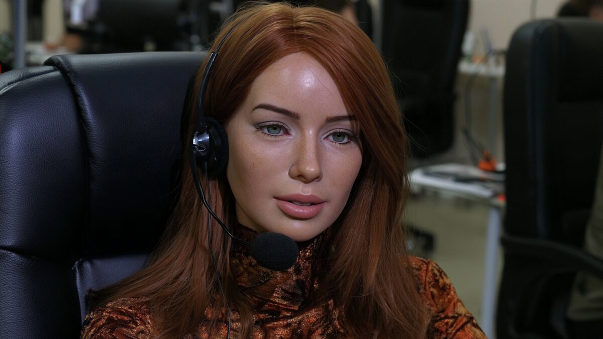 Женщина в наушниках и с микрофоном у компьютера Медицинский робот Светлана