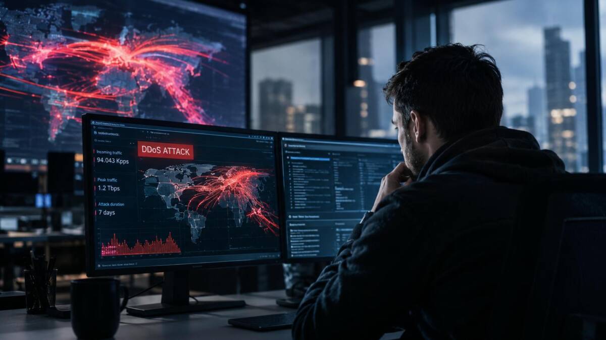 Мужчина у двух мониторов с графиками DDoS Attack