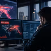 Мужчина у двух мониторов с графиками DDoS Attack