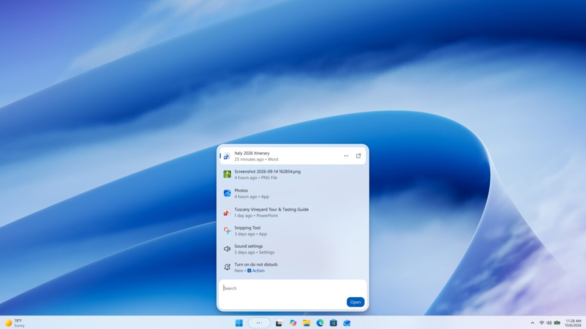 Панель поиска Windows 11 с командами управления ПК Microsoft