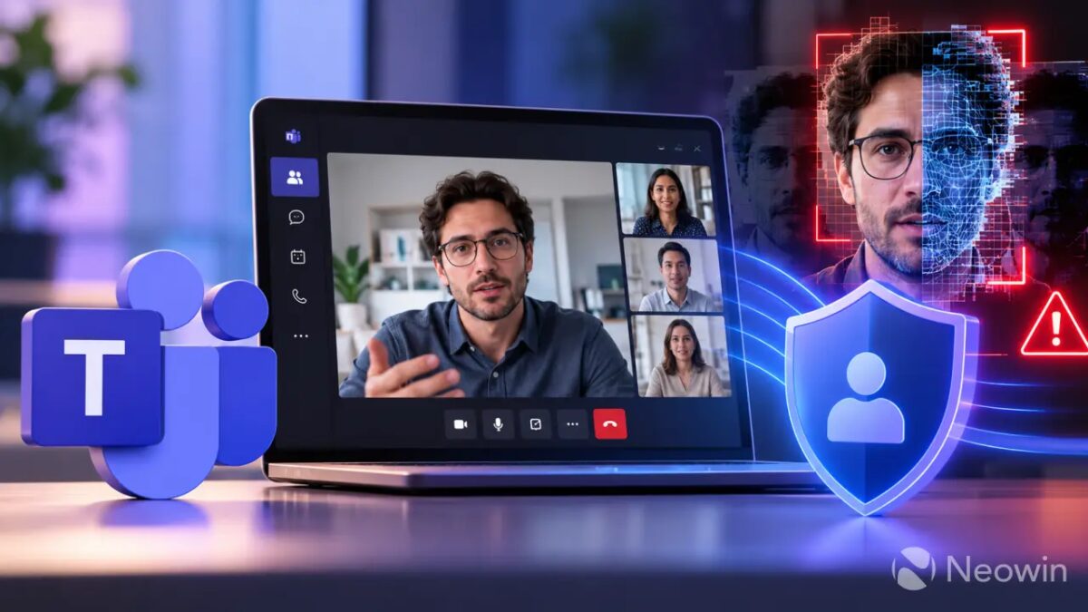Монитор ноутбука с видео звонком Microsoft Teams и графическими иконками защиты данных