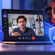 Монитор ноутбука с видео звонком Microsoft Teams и графическими иконками защиты данных
