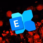 Логотип Microsoft Exchange на фоне цифровых данных красный