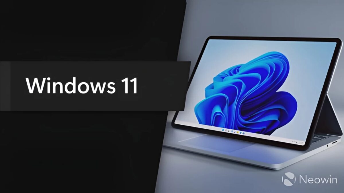 Ноутбук с дисплеем Windows 11 и логотипом Neowin