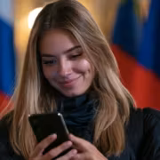 Женщина использует смартфон с мобильным интернетом в России