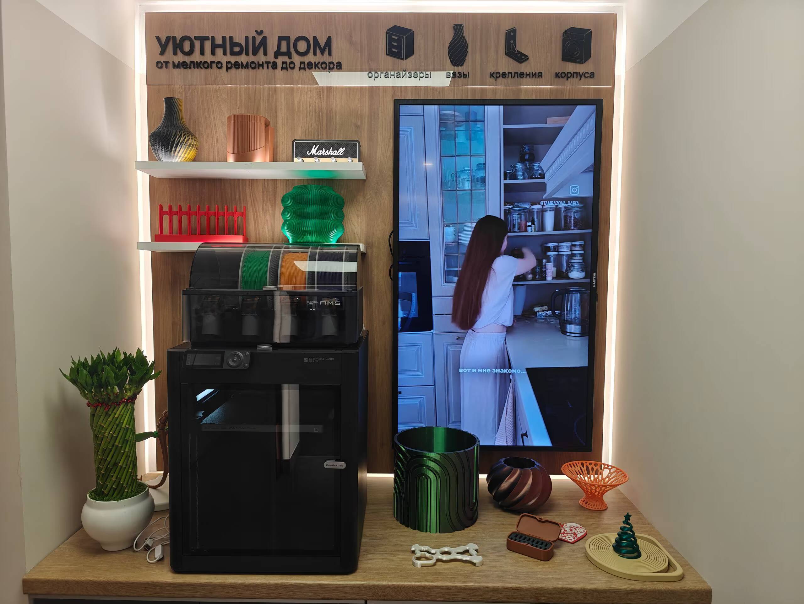 Комната с зелёным растением и 3D-принтером Bambu Lab