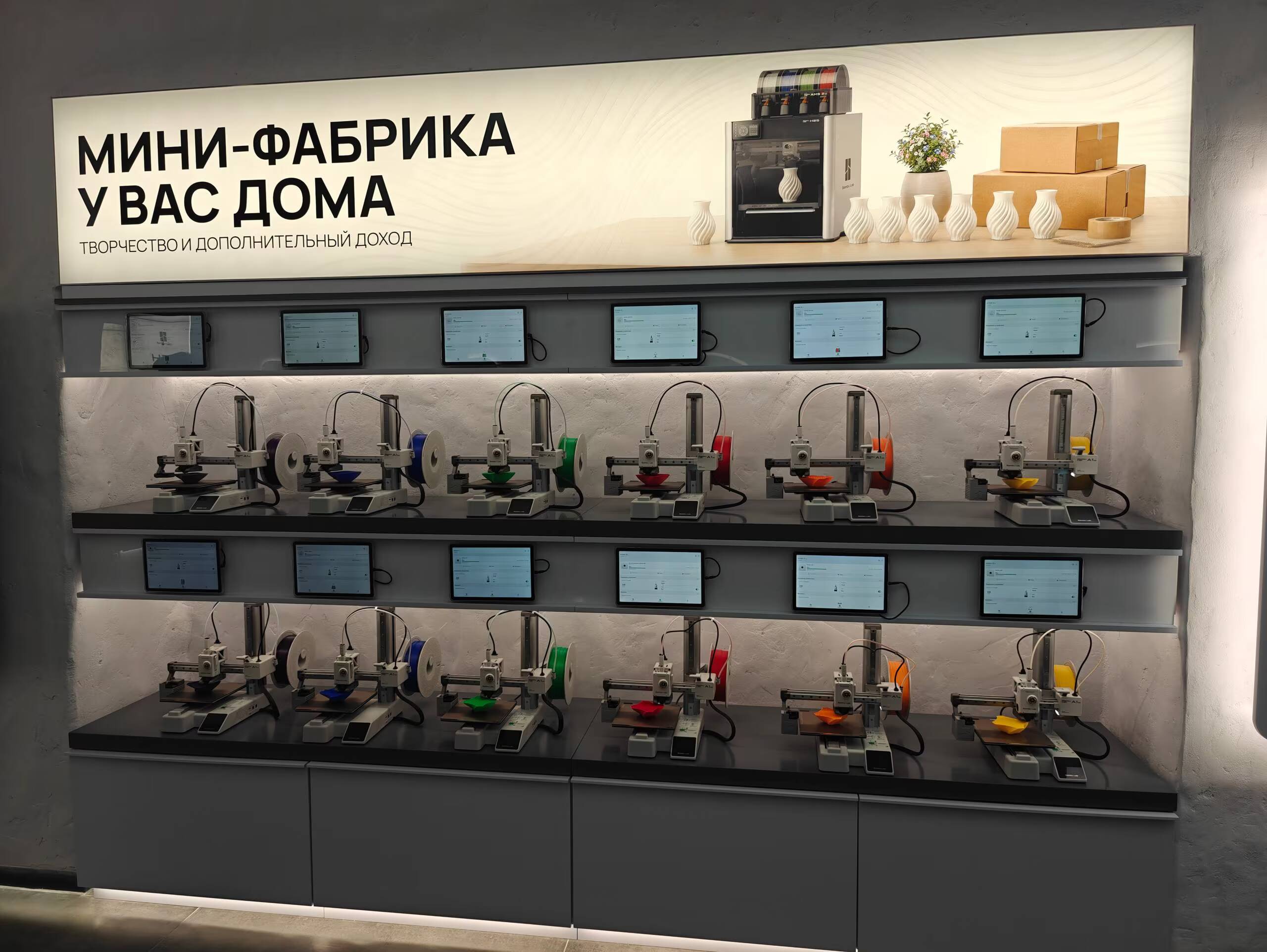 Мини-фабрика на дисплеях 3D-принтеры Bambu Lab