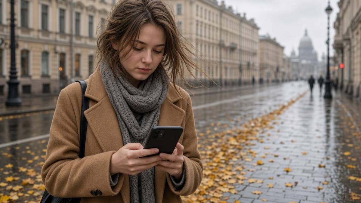 Девушка в коричневом плаще с серым шарфом и телефоном МТС
