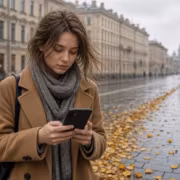 Девушка в коричневом плаще с серым шарфом и телефоном МТС