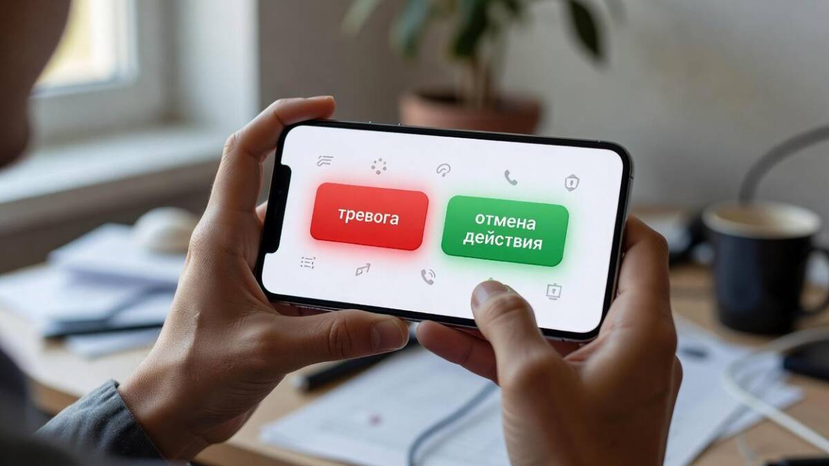 Мужчина держит смартфон с кнопками Тревога и Отмена действия в приложении Госуслуги