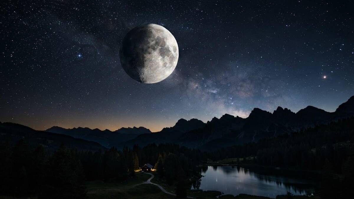 Луна в ночном небе, звёзды, горы и река