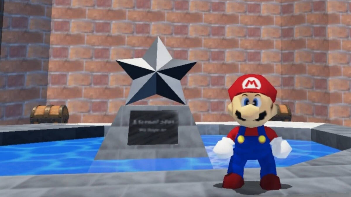 Марио стоит около памятника в Super Mario 64