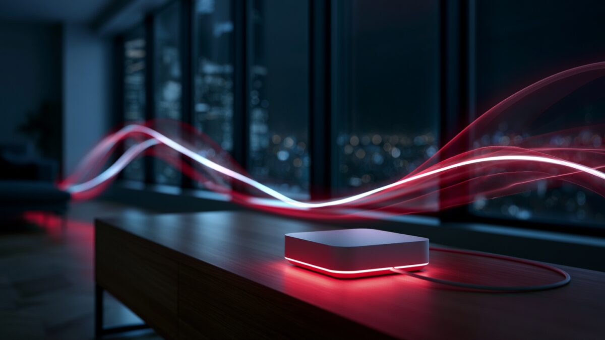 Беспроводной маршрутизатор с красной подсветкой и светящимися линиями Wi-Fi 6U6GHz
