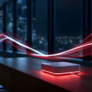 Беспроводной маршрутизатор с красной подсветкой и светящимися линиями Wi-Fi 6U6GHz