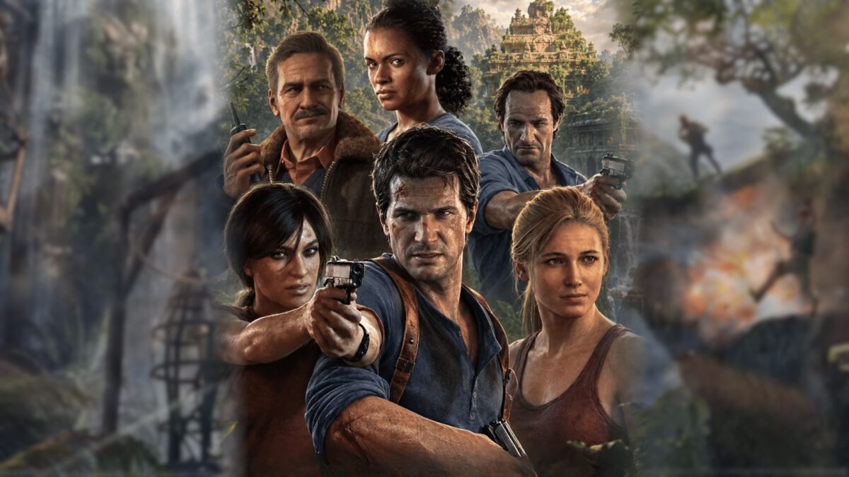 Группа героев из игры Uncharted в джунглях с оружием