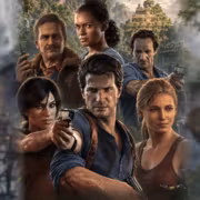 Группа героев из игры Uncharted в джунглях с оружием