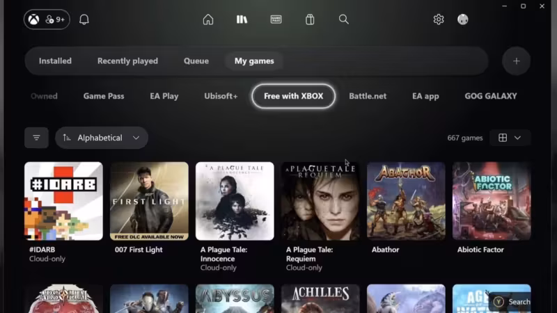 Интерфейс приложения Xbox на ПК с библиотекой игр
