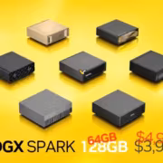 Разные модели мини-ПК DGX SPARK на желтом фоне