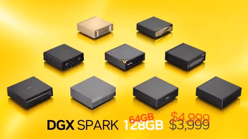 Разные модели мини-ПК DGX SPARK на желтом фоне