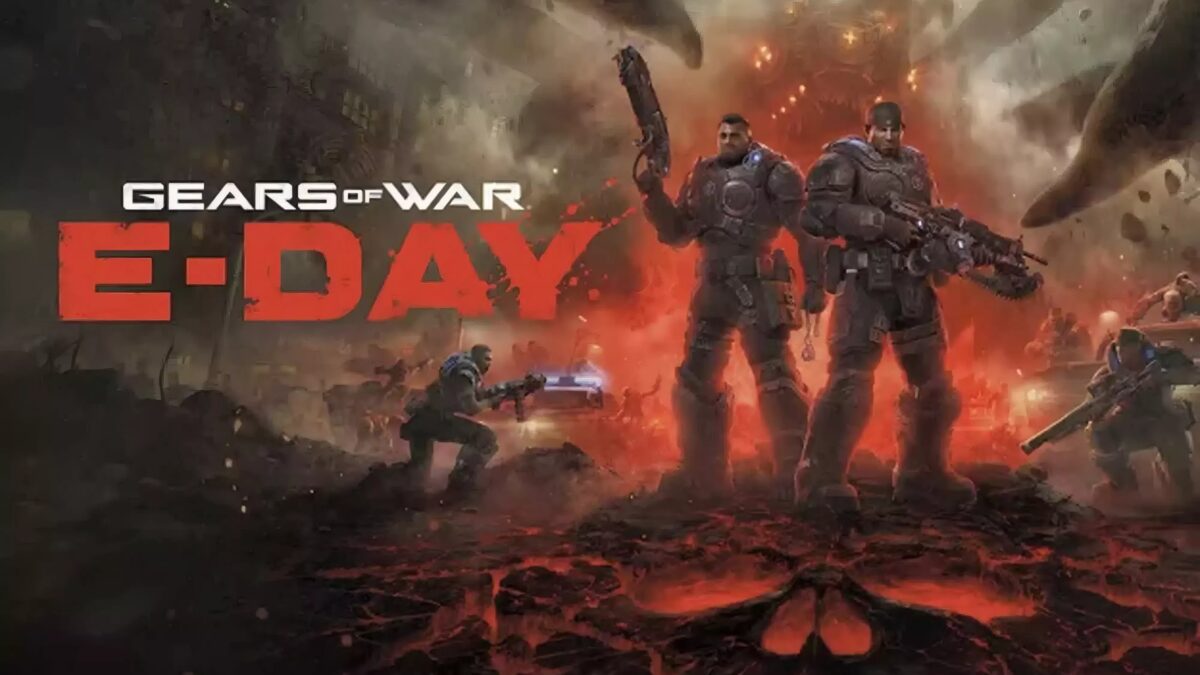 игровая сцена Gears of War E-Day сражение вооружённые люди взрывы костры пожар