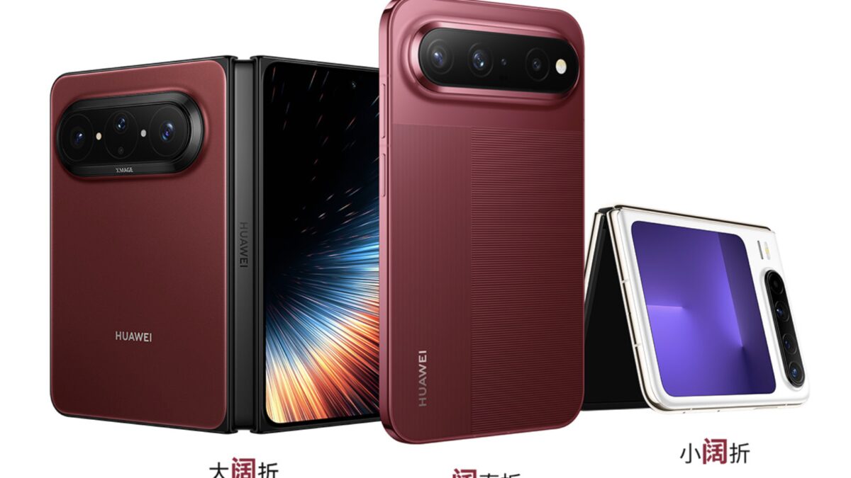 три смартфона Huawei P50 Pocket и устройство Huawei Mate X2