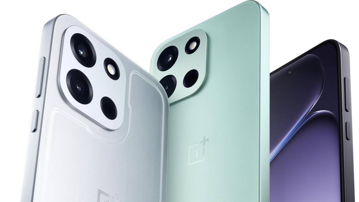 Три смартфона OnePlus Turbo 6 с тремя камерами различными цветами
