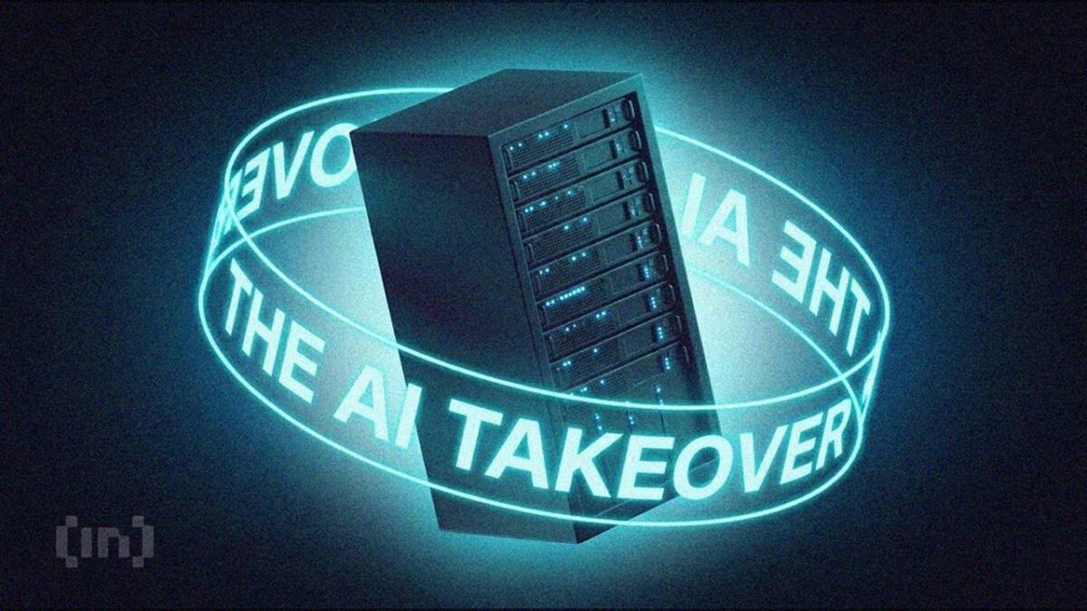 Серверная стойка с технологическими лампами и окружностью с текстом The AI Takeover
