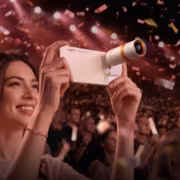 Женщина с андроид смартфоном Oppo Find X10 на сцене