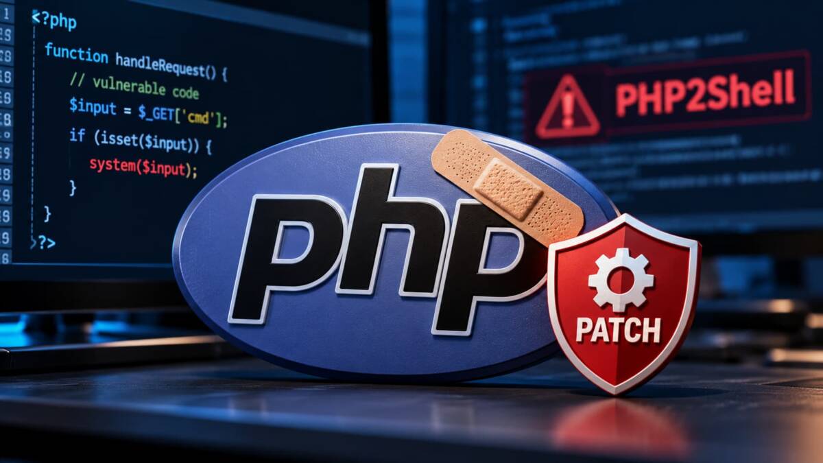 PHP выпустила экстренные исправления двух уязвимостей PHP2Shell 1 Логотип PHP с пластырем и щитом патча на фоне кода