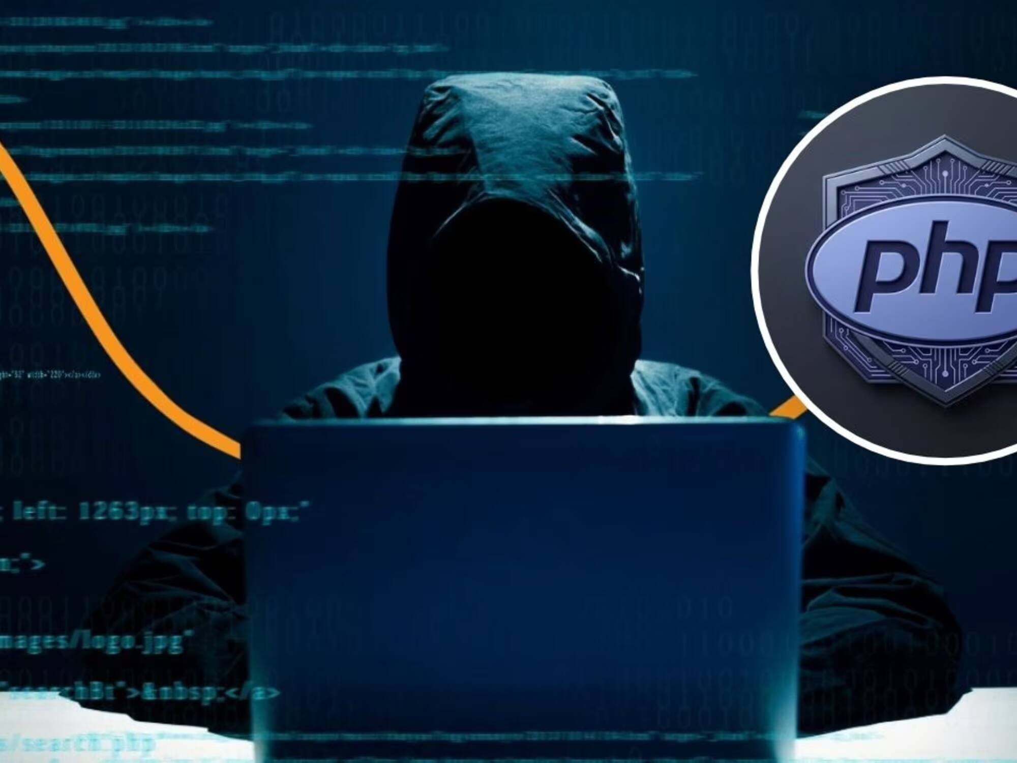 PHP выпустила экстренные исправления двух уязвимостей PHP2Shell 3 Хакер с капюшоном перед экраном с кодом и логотип PHP