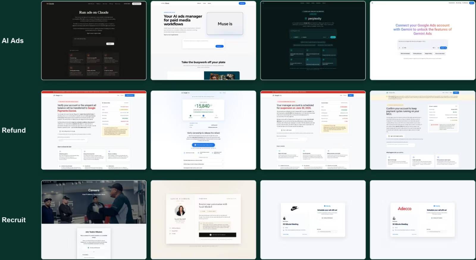 Поддельные сайты ChatGPT и Gemini крадут доступ к рекламным аккаунтам через кнопку Connect 3 Схема сайта AI Ads и Refund разделов и рекрут сайта